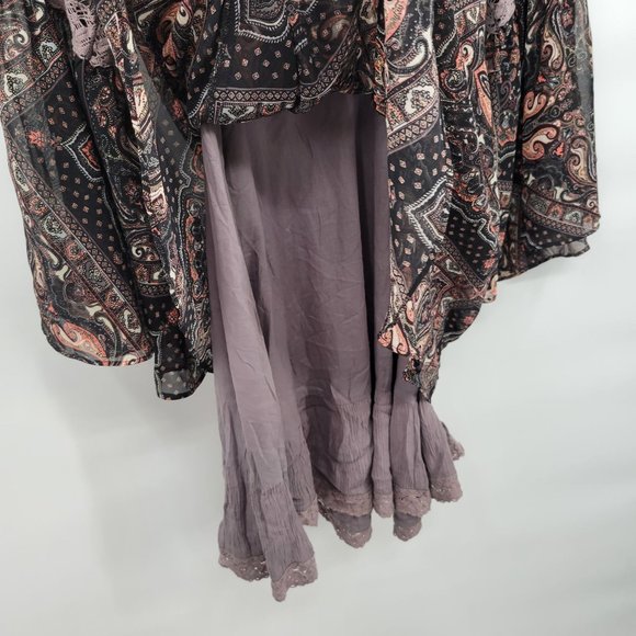 Free People Paisley Kimono Smocked Moonlight Bay Dress Mesh Belle Sleeve 2 Women - Picture 6 of 15